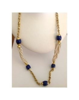 18kt Solid Gold Necklace with Lapis and Pearls - gr. 68