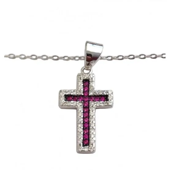 GIROCOLLO IN A925 STERLING SILVER WITH RHODIUM NECKLACE WITH CROSSRGENTO 925 RODIATO E CROCE CON CUBIC ZIRCONIA