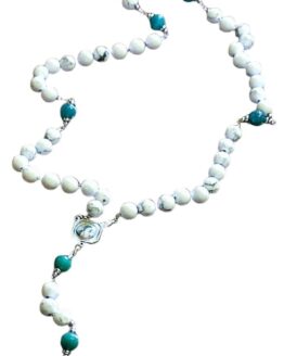 CORONA SANTO ROSARIO CRISTIANO IN PIETRA DURA DI AULITE BIANCA E GRANI DEL PATER IN AGATA VERDE - GIOIELLO ARTIGIANALE FATTO A MANO IN ITALIA  ( grano da 6 mm )