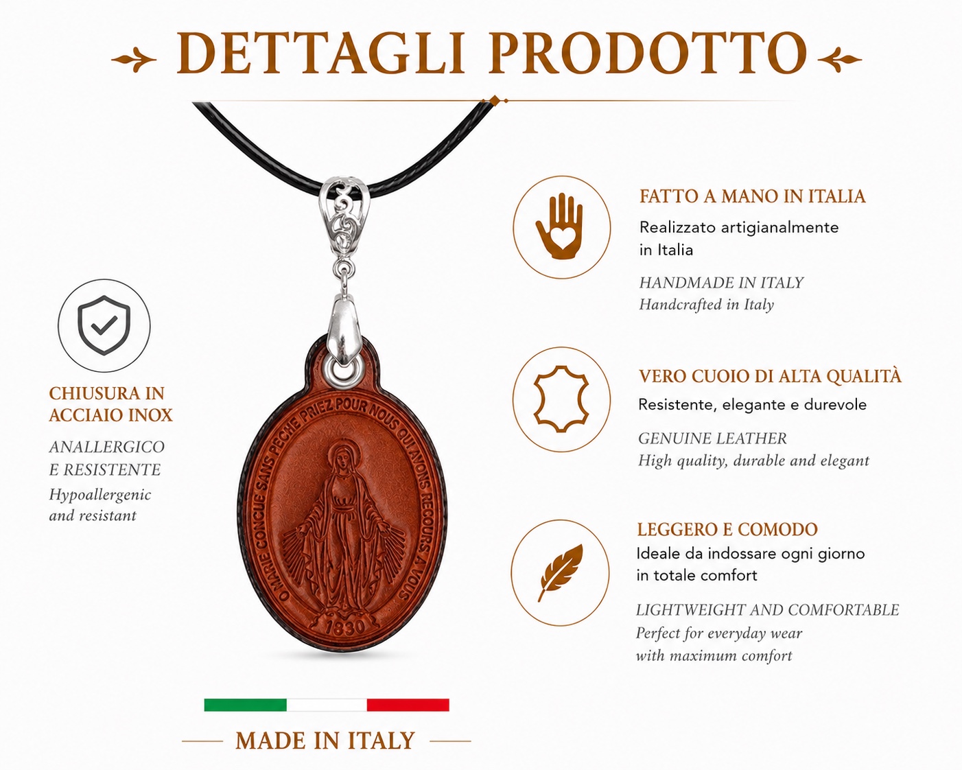 LA MEDAGLIA MIRACOLOSA REALIZZATA IN VERO CUOIO CON LACCIO IN CORDA - immagine 5